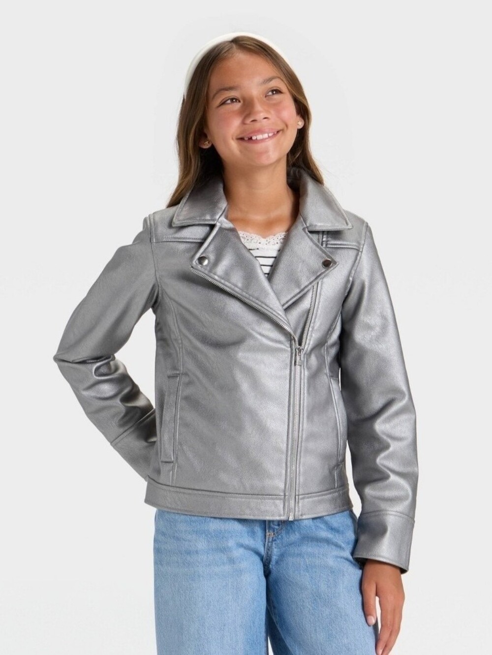 Girls' Faux Leather Moto Jacket - art class" Silver M